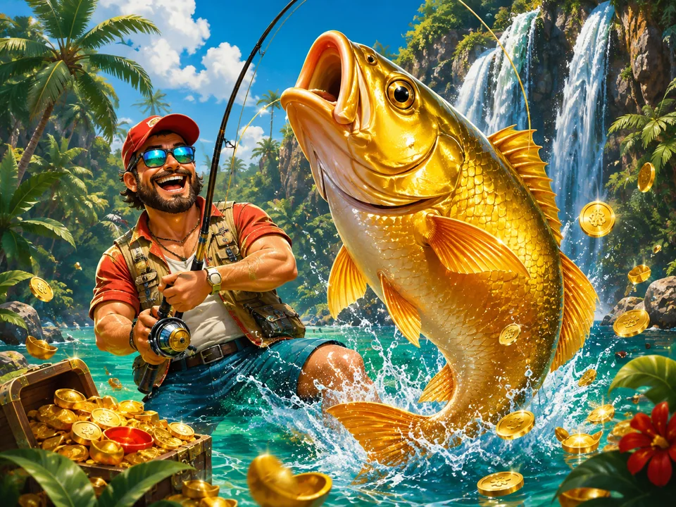Angler mit goldenem Fisch
