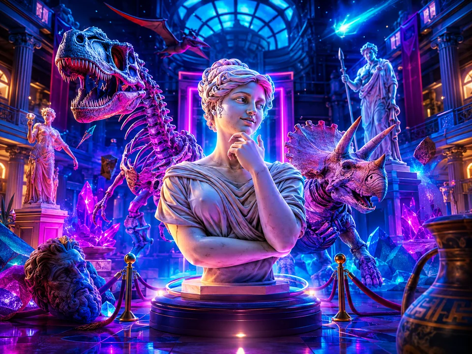 Leuchtende Fantasiehalle mit Museumsfiguren